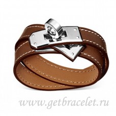 Bransoletka Hermes Rivale Double Wrap w kolorze brązowym ze srebrem