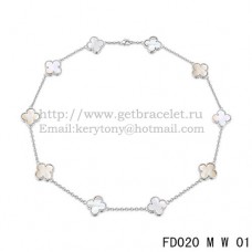 Naszyjnik Van Cleef Arpels Alhambra z białego złota, 10 motywów, biała masa perłowa, 45 cm