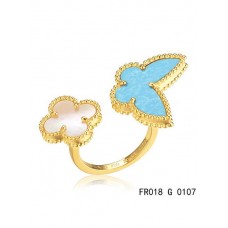 Van Cleef Arpels Luck Alhambra pierścionek między palcami żółte złoto turkus z masą perłową