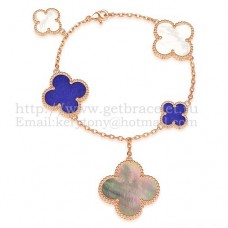 Bransoletka Van Cleef Arpels Magic Alhambra 5 motywów z różowego złota z białą, szarą masą perłową z lapis lazuli