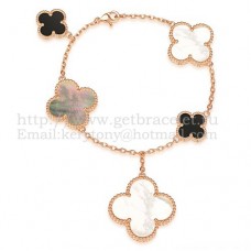 Bransoletka Van Cleef Arpels Magic Alhambra 5 motywów, różowe złoto z białą, szarą masą perłową, czarnym agatem