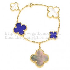 Bransoletka Van Cleef Arpels Magic Alhambra 5 motywów z żółtego złota z białą, szarą masą perłową z lapisu