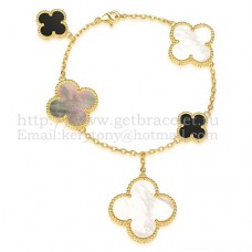 Bransoletka Van Cleef Arpels Magic Alhambra 5 motywów, żółte złoto z białą, szarą masą perłową, czarnym agatem