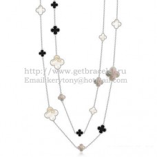 Van Cleef Arpels Magic Alhambra Naszyjnik Białe Złoto 16 Motywów Z Czarnym Agatem Biała Szara Masa Perłowa