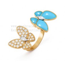 Pierścionek Van Cleef Arpels z dwoma motylami między palcami, żółte złoto z diamentami i turkusem