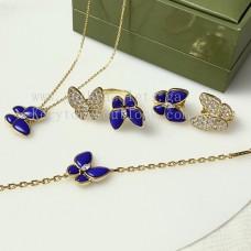 Naszyjnik/kolczyki/pierścionek Van Cleef Arpels z dwoma motylami, żółte złoto z diamentami i lapis lazuli