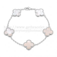 Bransoletka Van Cleef Arpels Alhambra 5 motywów z białego złota z białą masą perłową Bransoletka Van Cleef Arpels Alhambra 5 motywów z białego złota z białą masą perłową