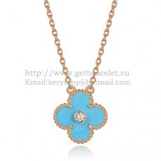 Wisiorek Van Cleef Arpels Alhambra z różowego złota z turkusową masą perłową i okrągłymi diamentami