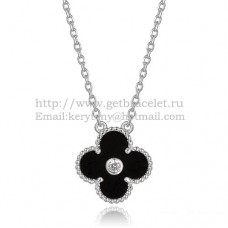 Wisiorek Van Cleef Arpels Alhambra z białego złota z czarnym agatem i okrągłymi diamentami z masy perłowej