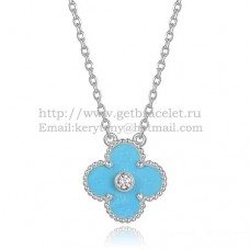 Wisiorek Van Cleef Arpels Alhambra z białego złota z turkusową masą perłową i okrągłymi diamentami