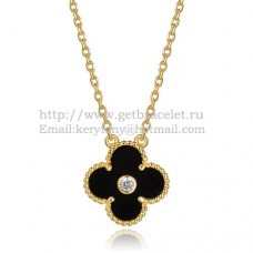 Wisiorek Van Cleef Arpels Alhambra z żółtego złota z czarnym agatem i okrągłymi diamentami z masy perłowej